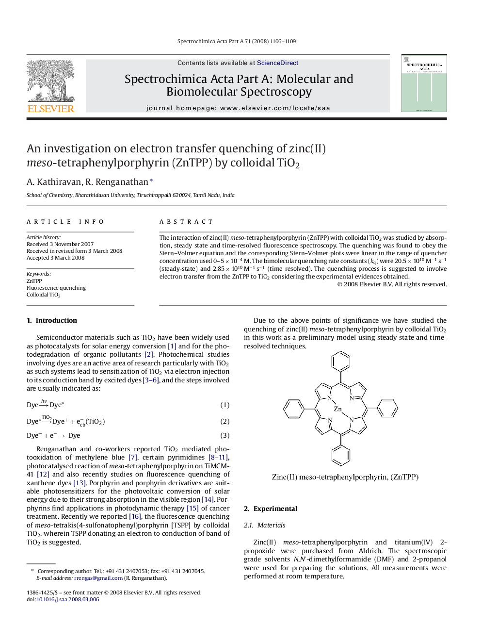 An investigation on electron transfer quenching of zinc(II) meso-tetraphenylporphyrin (ZnTPP) by colloidal TiO2