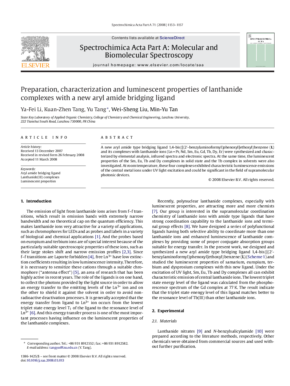 Preparation, characterization and luminescent properties of lanthanide complexes with a new aryl amide bridging ligand