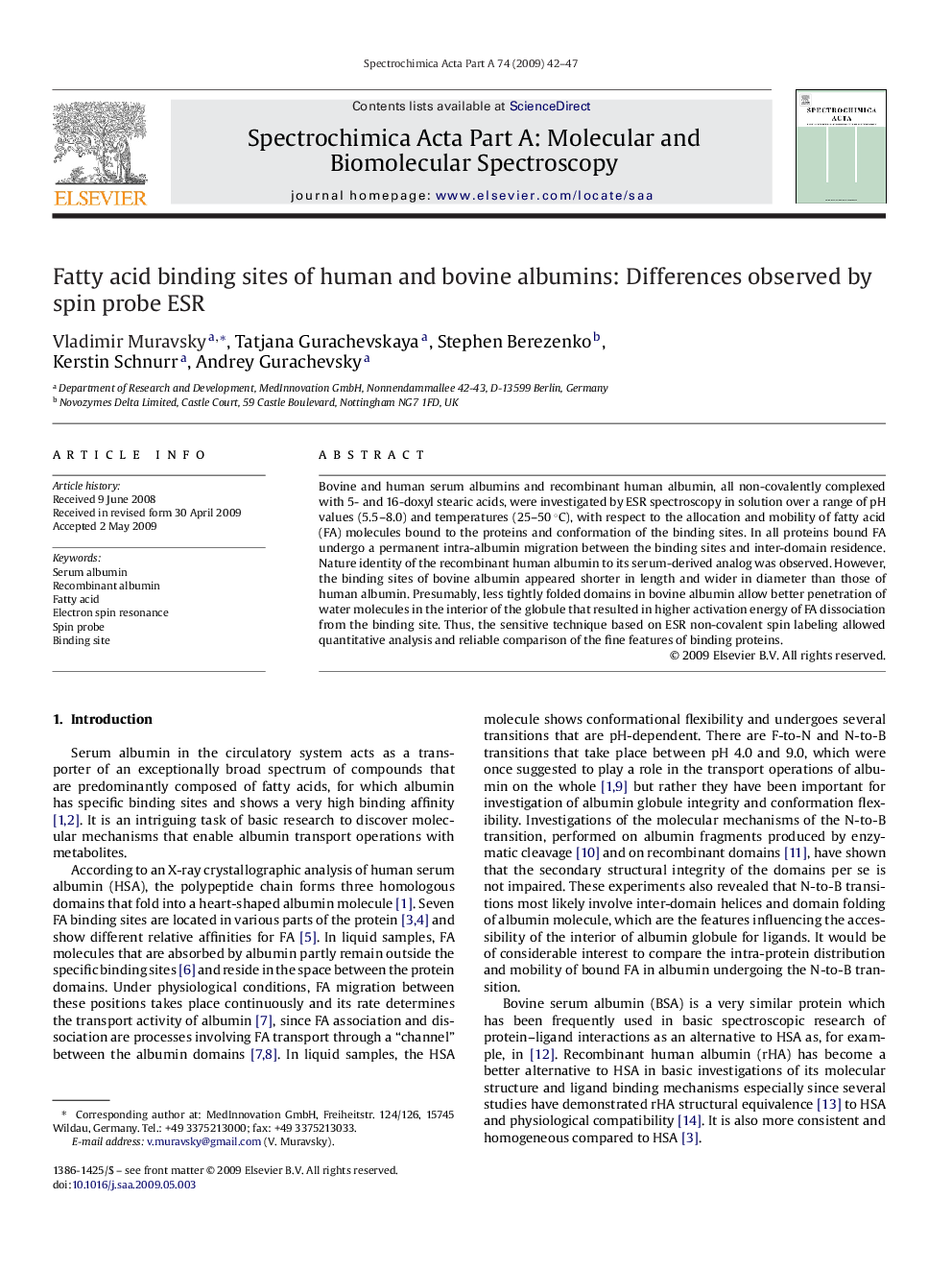 Fatty acid binding sites of human and bovine albumins: Differences observed by spin probe ESR