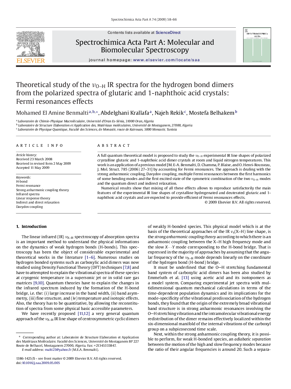 Theoretical study of the νO–H IR spectra for the hydrogen bond dimers from the polarized spectra of glutaric and 1-naphthoic acid crystals: Fermi resonances effects