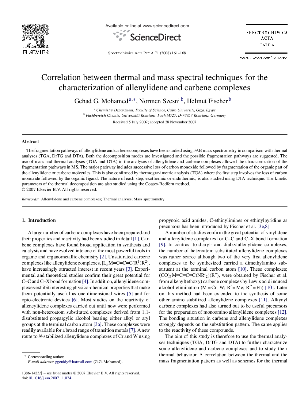 Correlation between thermal and mass spectral techniques for the characterization of allenylidene and carbene complexes