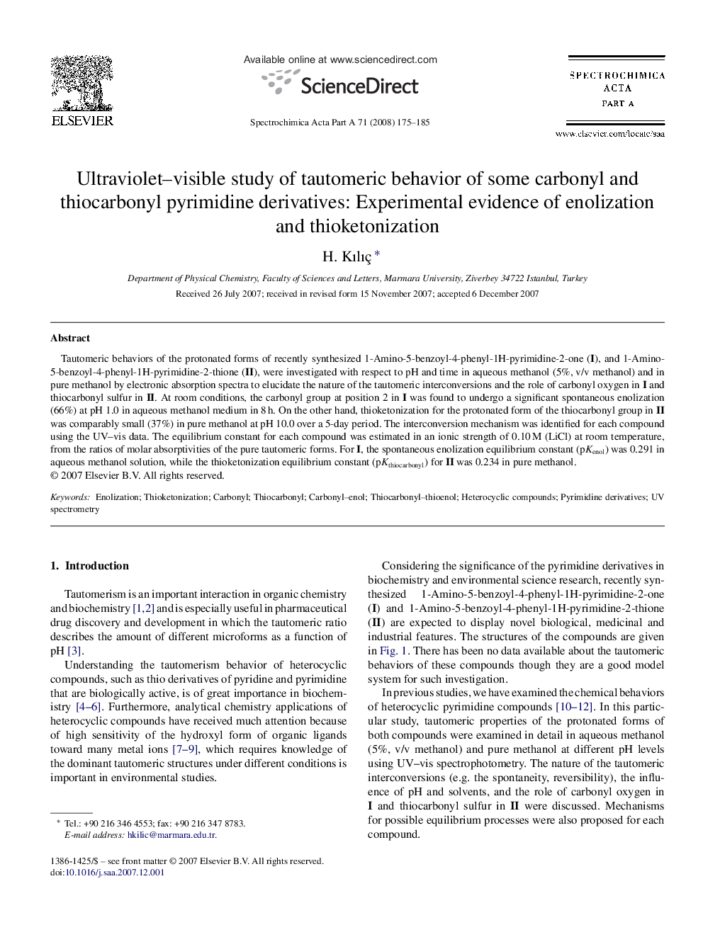 Ultraviolet–visible study of tautomeric behavior of some carbonyl and thiocarbonyl pyrimidine derivatives: Experimental evidence of enolization and thioketonization