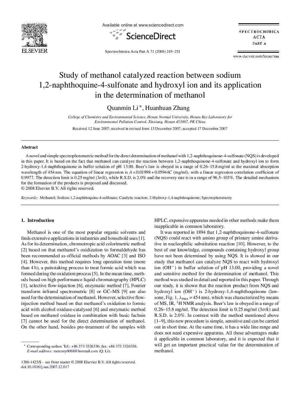 Study of methanol catalyzed reaction between sodium 1,2-naphthoquine-4-sulfonate and hydroxyl ion and its application in the determination of methanol