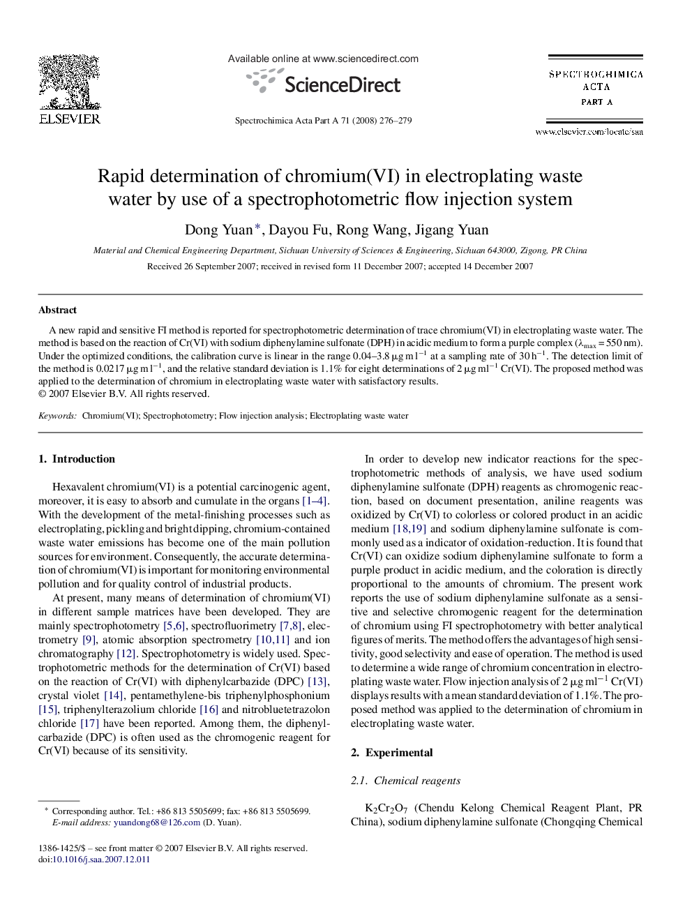 Rapid determination of chromium(VI) in electroplating waste water by use of a spectrophotometric flow injection system