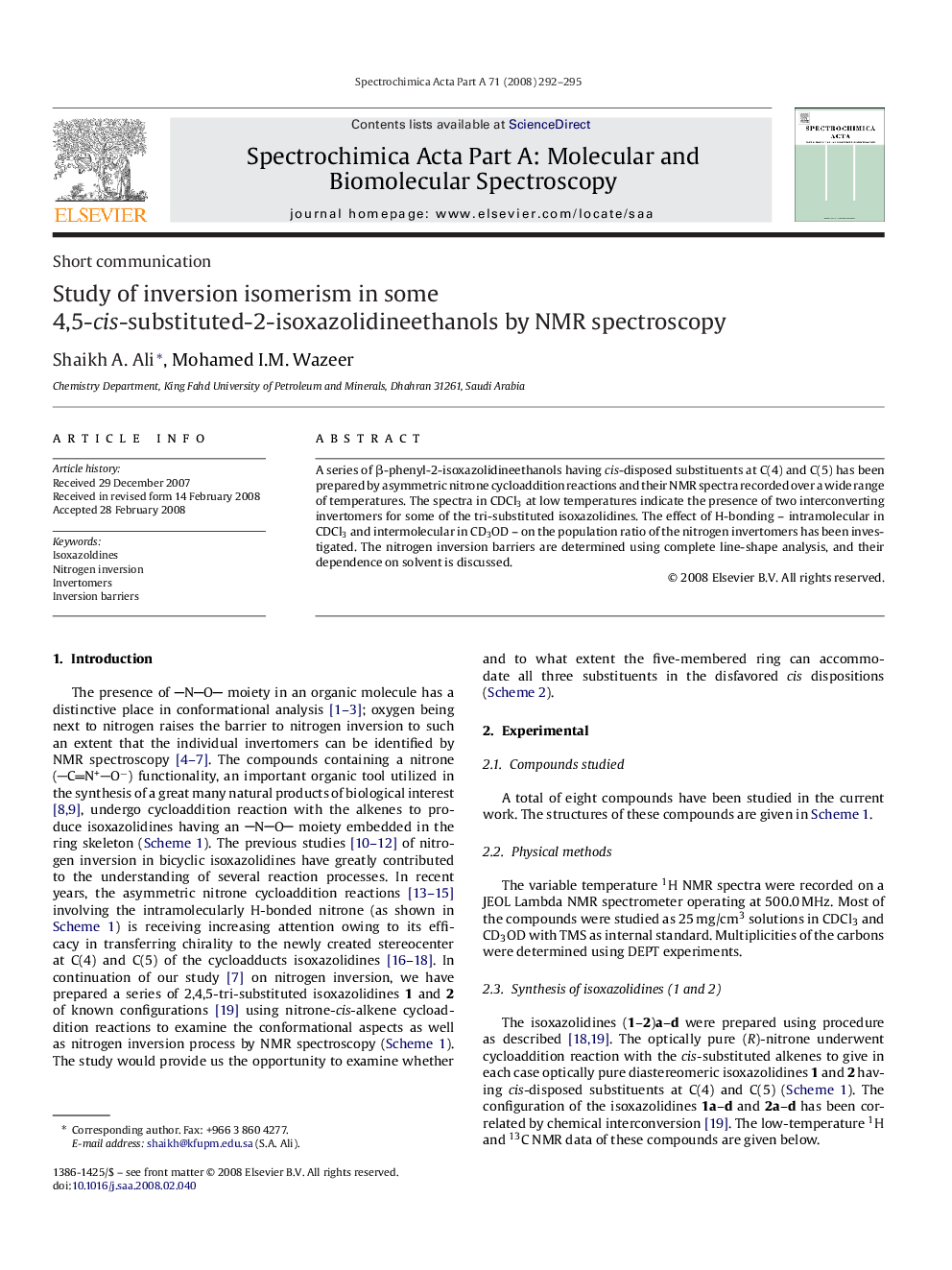 Study of inversion isomerism in some 4,5-cis-substituted-2-isoxazolidineethanols by NMR spectroscopy