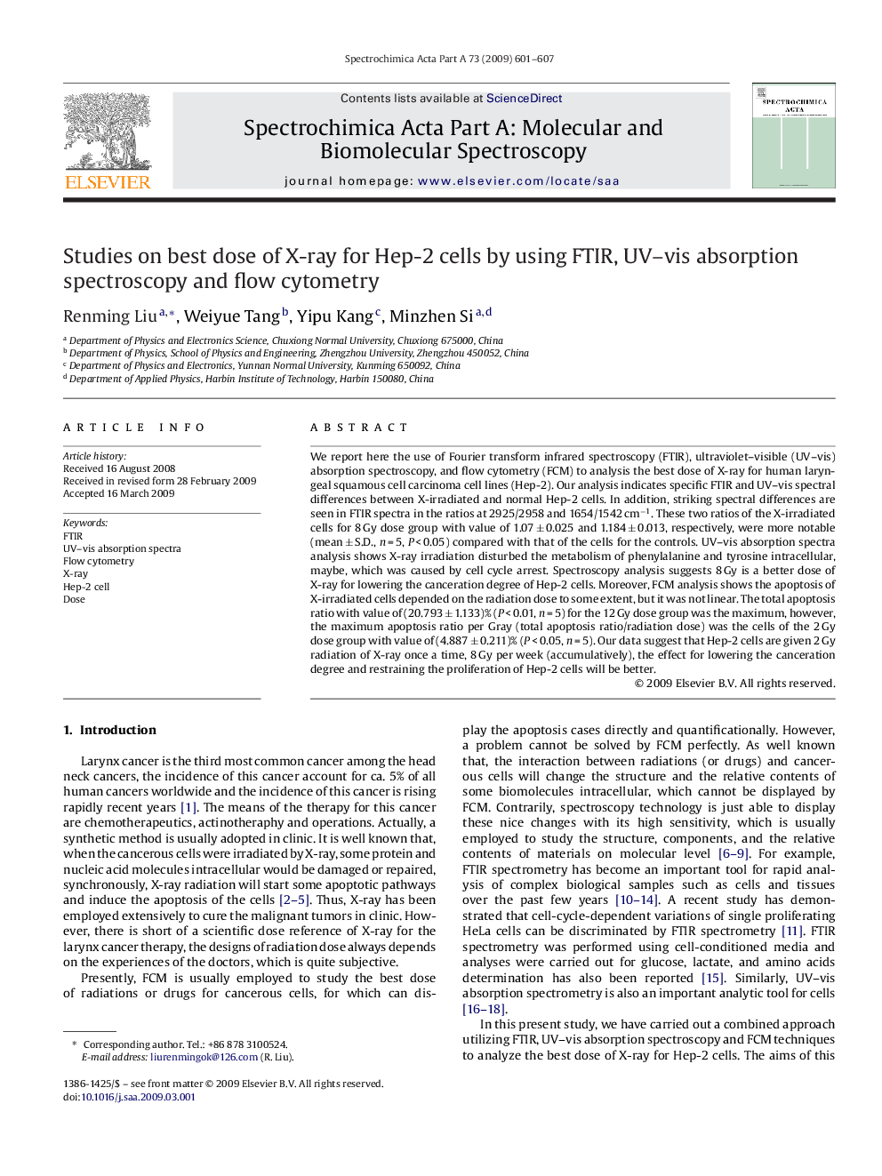 Studies on best dose of X-ray for Hep-2 cells by using FTIR, UV-vis absorption spectroscopy and flow cytometry