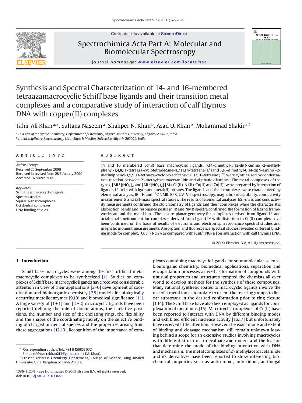 Synthesis and Spectral Characterization of 14- and 16-membered tetraazamacrocyclic Schiff base ligands and their transition metal complexes and a comparative study of interaction of calf thymus DNA with copper(II) complexes