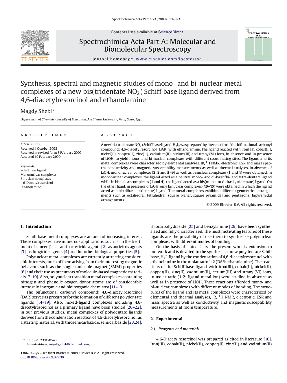 Synthesis, spectral and magnetic studies of mono- and bi-nuclear metal complexes of a new bis(tridentate NO2) Schiff base ligand derived from 4,6-diacetylresorcinol and ethanolamine