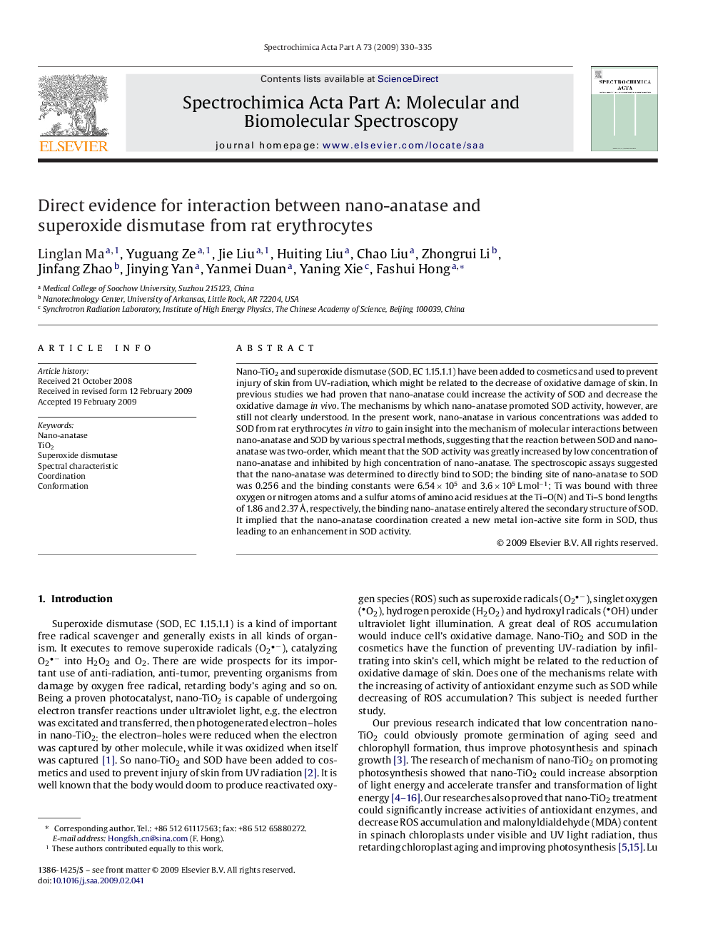 Direct evidence for interaction between nano-anatase and superoxide dismutase from rat erythrocytes