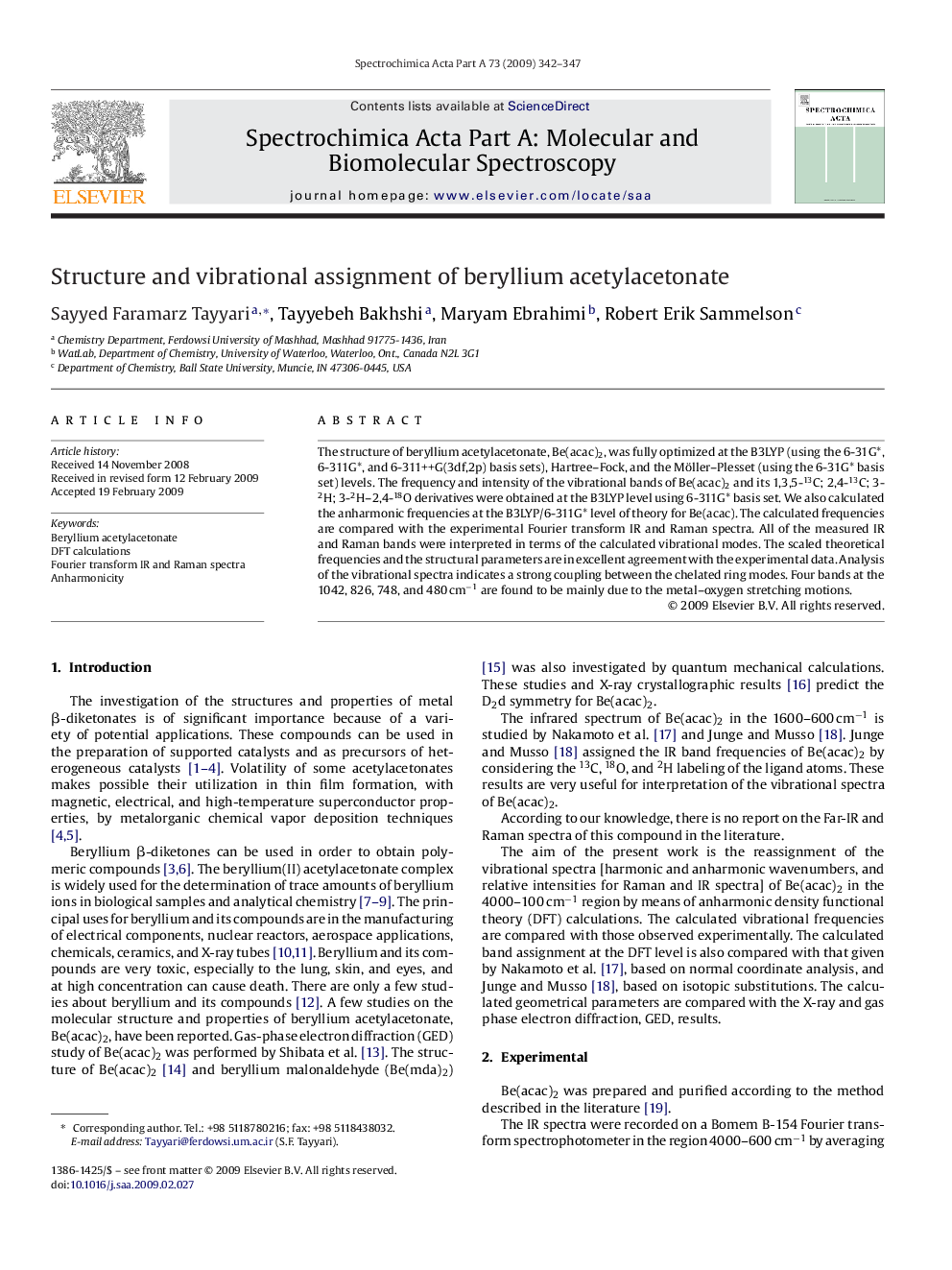 Structure and vibrational assignment of beryllium acetylacetonate