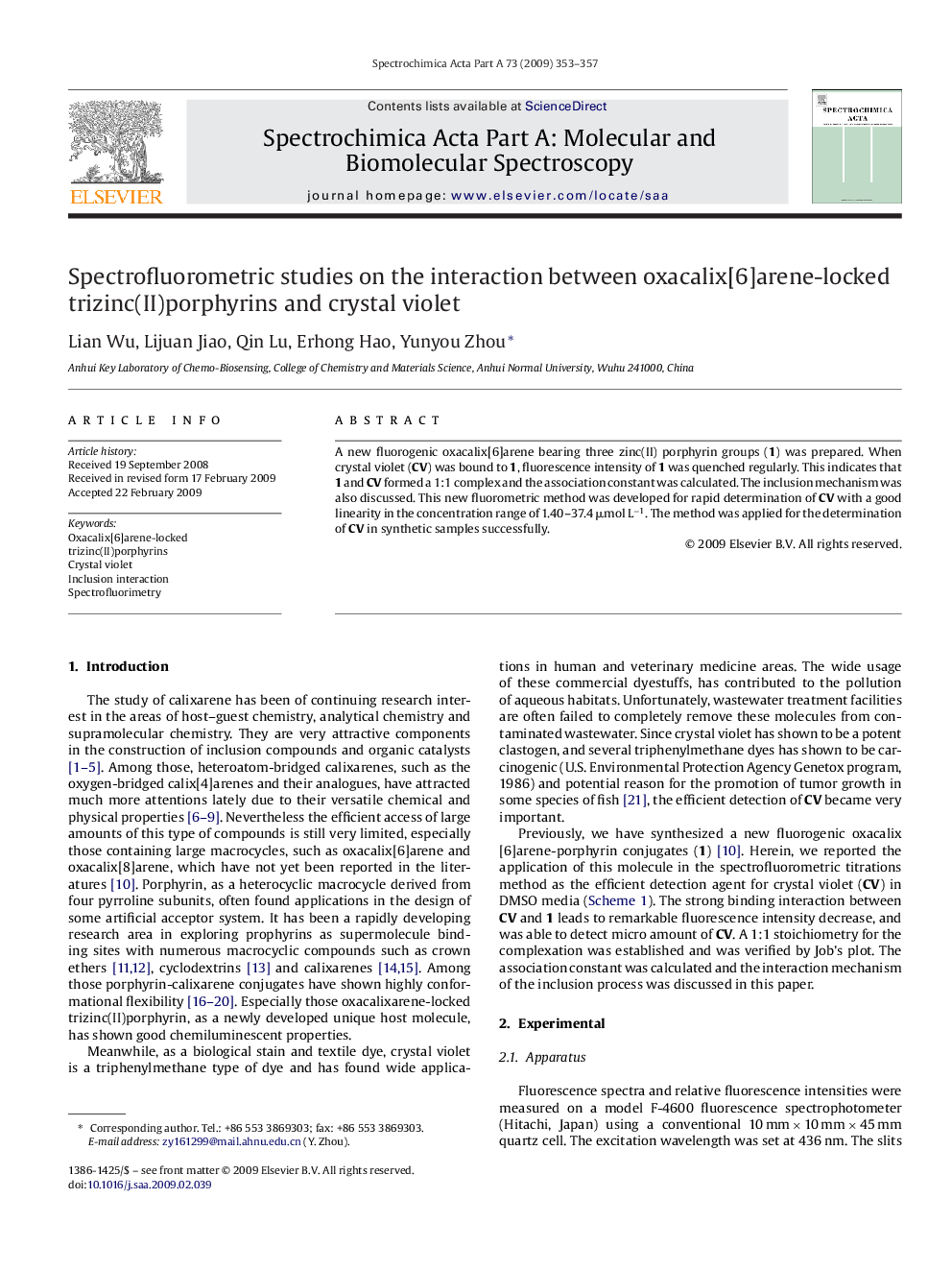 Spectrofluorometric studies on the interaction between oxacalix[6]arene-locked trizinc(II)porphyrins and crystal violet