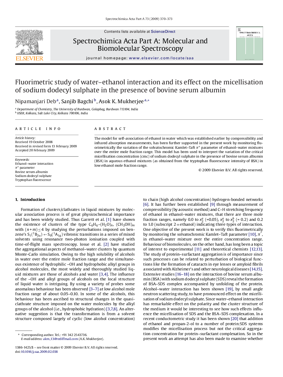 Fluorimetric study of water-ethanol interaction and its effect on the micellisation of sodium dodecyl sulphate in the presence of bovine serum albumin