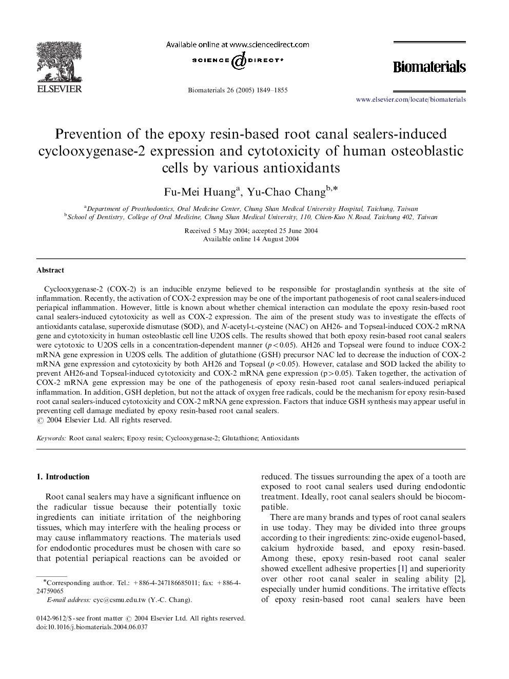 Prevention of the epoxy resin-based root canal sealers-induced cyclooxygenase-2 expression and cytotoxicity of human osteoblastic cells by various antioxidants