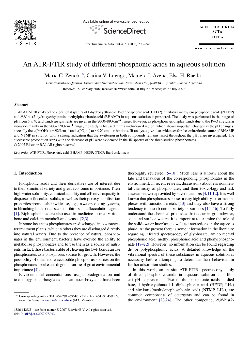 An ATR-FTIR study of different phosphonic acids in aqueous solution