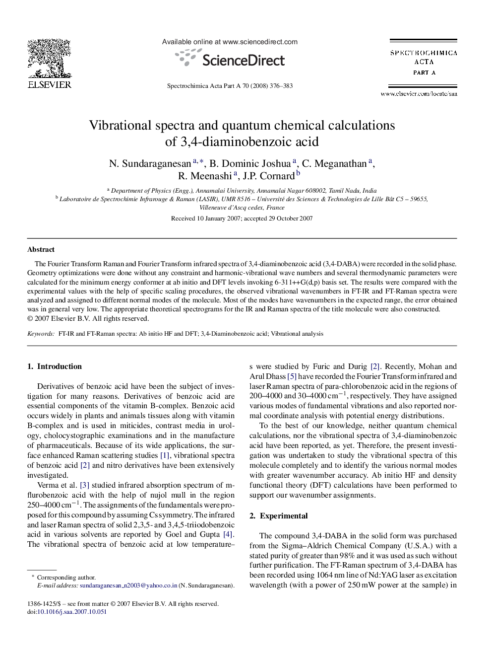 Vibrational spectra and quantum chemical calculations of 3,4-diaminobenzoic acid