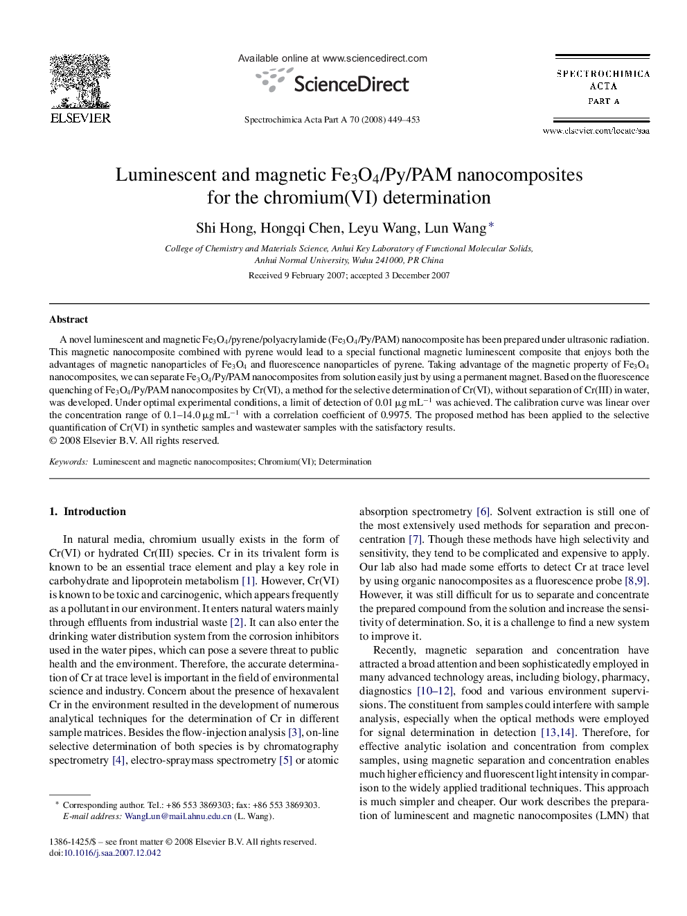 Luminescent and magnetic Fe3O4/Py/PAM nanocomposites for the chromium(VI) determination