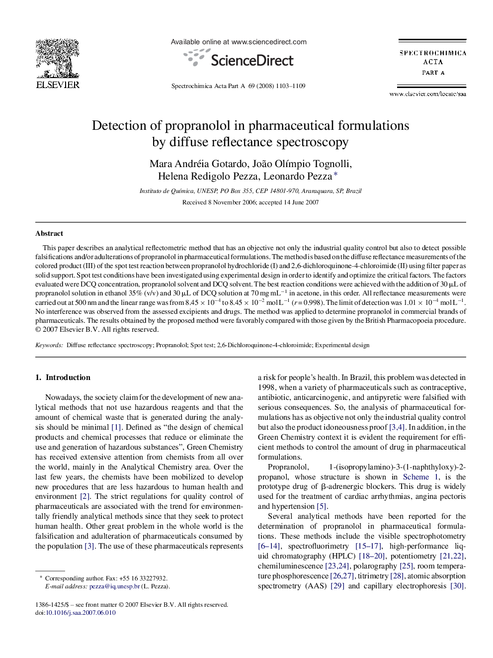 Detection of propranolol in pharmaceutical formulations by diffuse reflectance spectroscopy