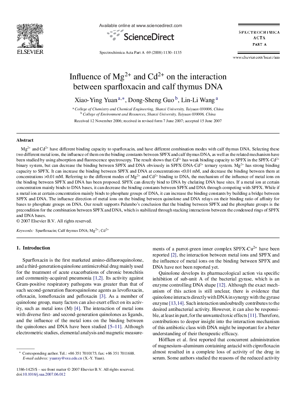 Influence of Mg2+ and Cd2+ on the interaction between sparfloxacin and calf thymus DNA