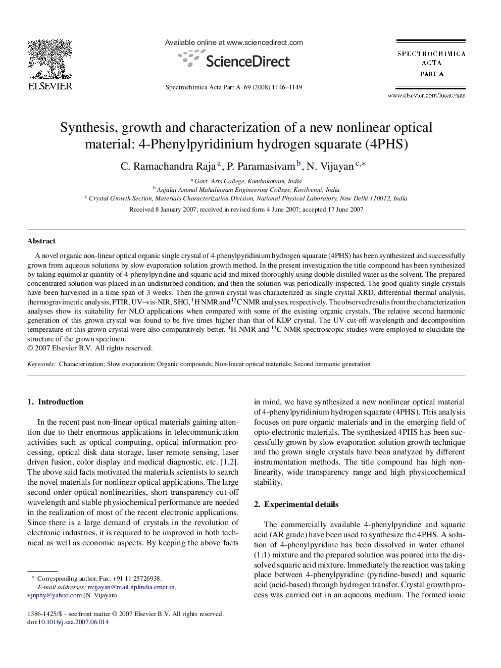 Synthesis, growth and characterization of a new nonlinear optical material: 4-Phenylpyridinium hydrogen squarate (4PHS)