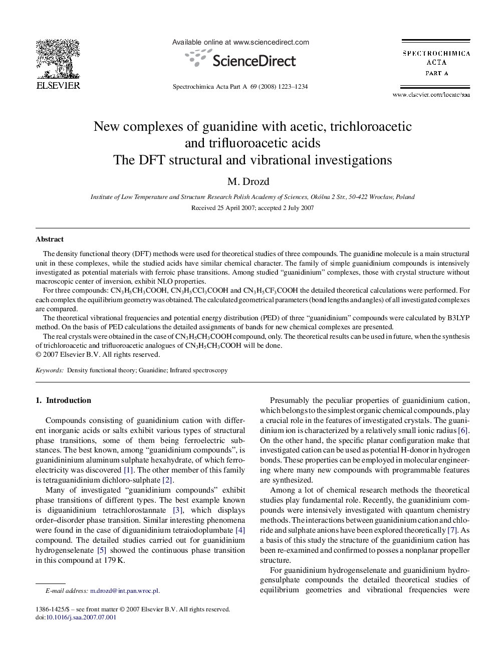 New complexes of guanidine with acetic, trichloroacetic and trifluoroacetic acids: The DFT structural and vibrational investigations