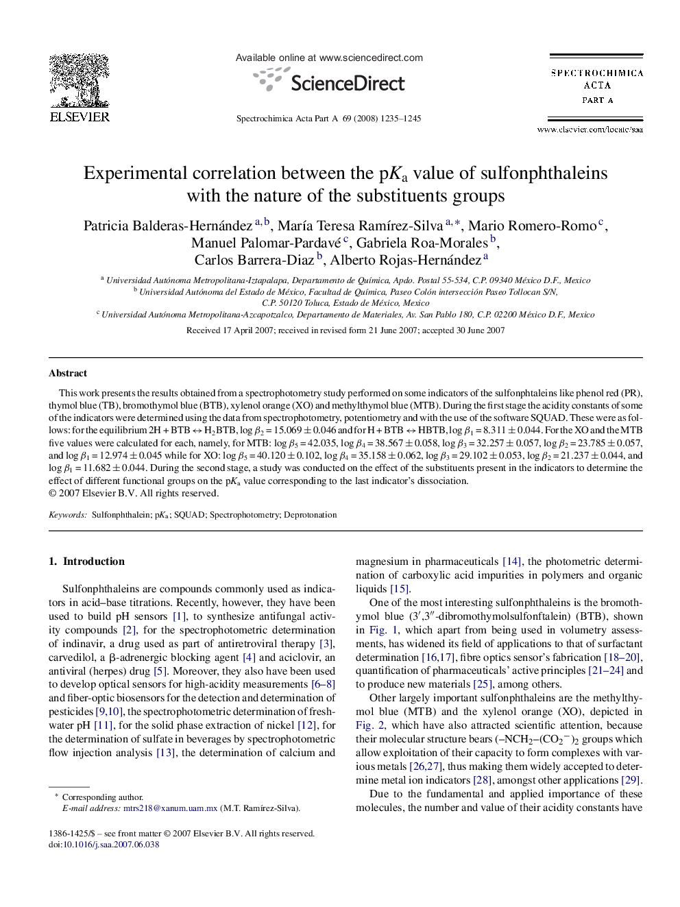 Experimental correlation between the pKa value of sulfonphthaleins with the nature of the substituents groups