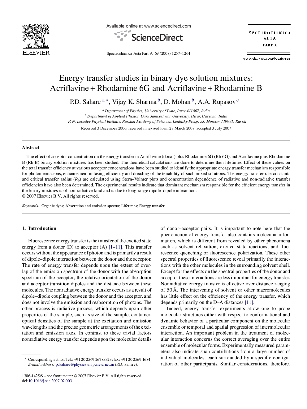 Energy transfer studies in binary dye solution mixtures: Acriflavine + Rhodamine 6G and Acriflavine + Rhodamine B