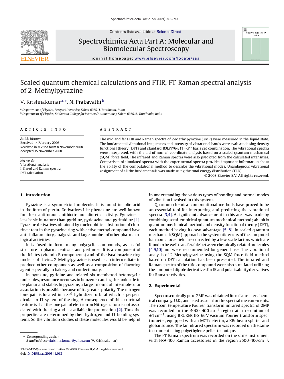 Scaled quantum chemical calculations and FTIR, FT-Raman spectral analysis of 2-Methylpyrazine