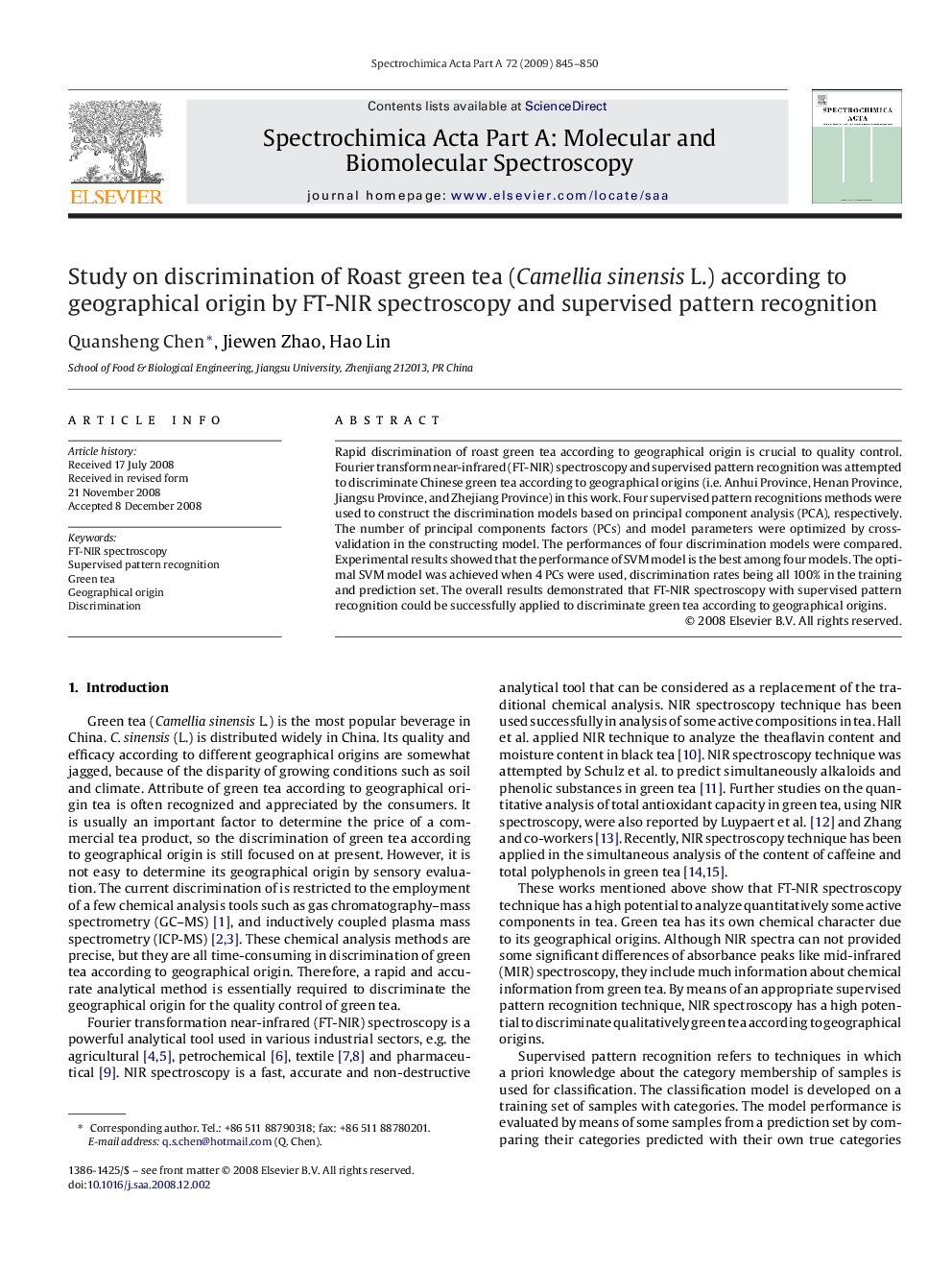 Study on discrimination of Roast green tea (Camellia sinensis L.) according to geographical origin by FT-NIR spectroscopy and supervised pattern recognition