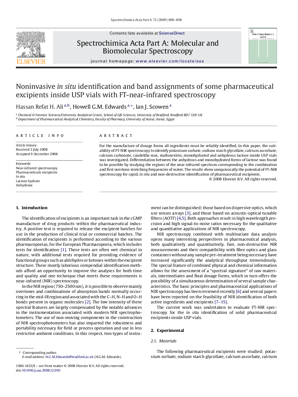 Noninvasive in situ identification and band assignments of some pharmaceutical excipients inside USP vials with FT-near-infrared spectroscopy