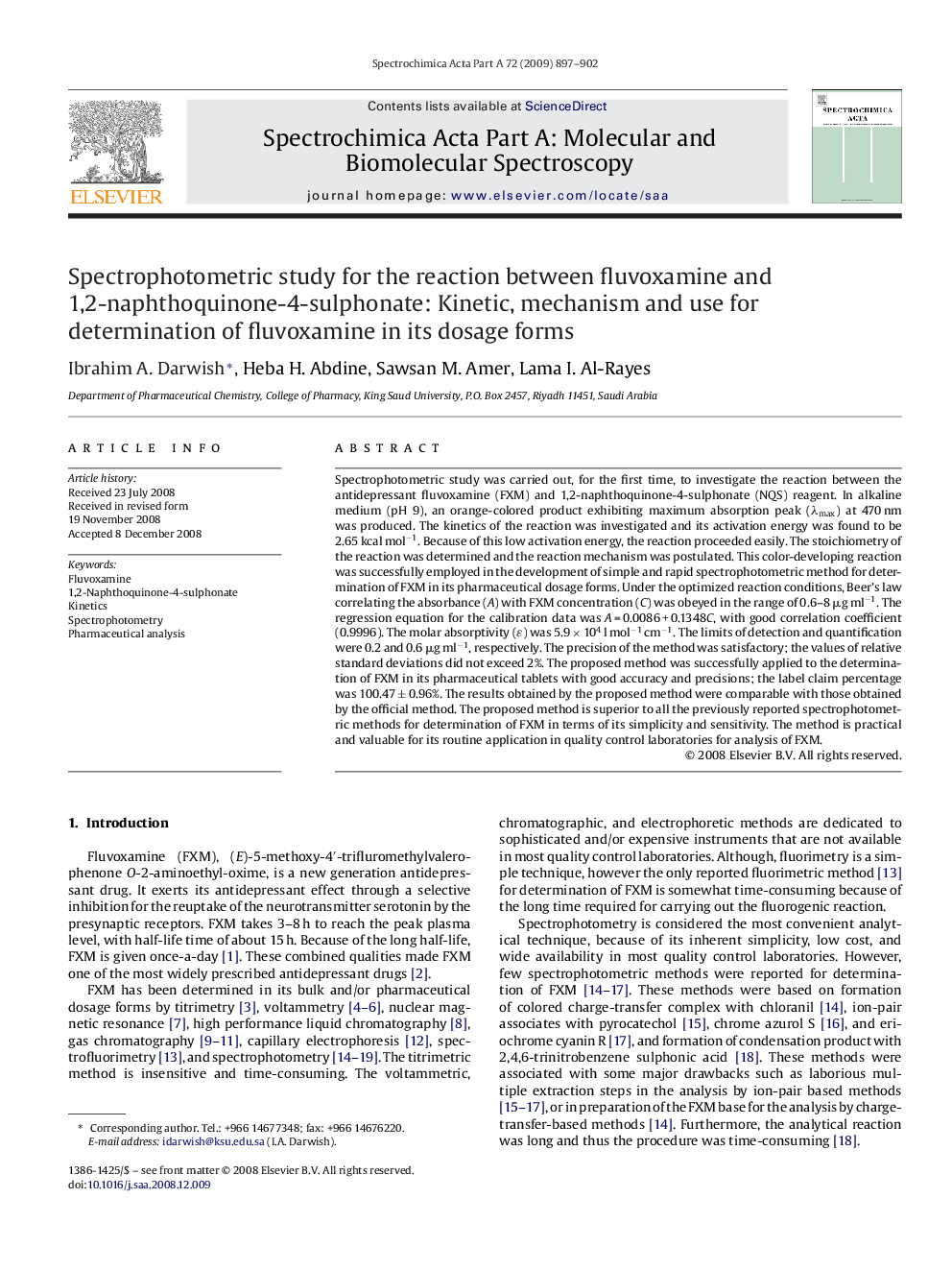 Spectrophotometric study for the reaction between fluvoxamine and 1,2-naphthoquinone-4-sulphonate: Kinetic, mechanism and use for determination of fluvoxamine in its dosage forms