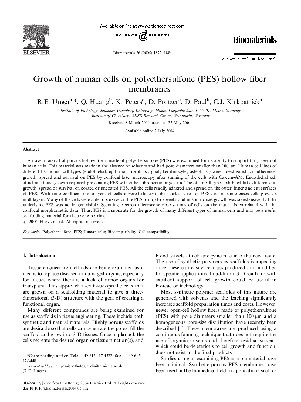 Growth of human cells on polyethersulfone (PES) hollow fiber membranes