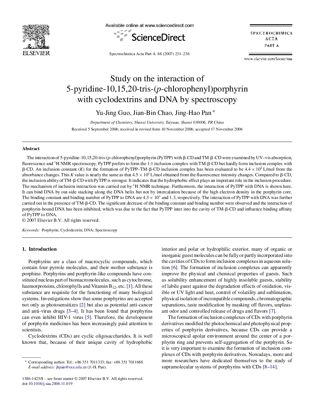 Study on the interaction of 5-pyridine-10,15,20-tris-(p-chlorophenyl)porphyrin with cyclodextrins and DNA by spectroscopy