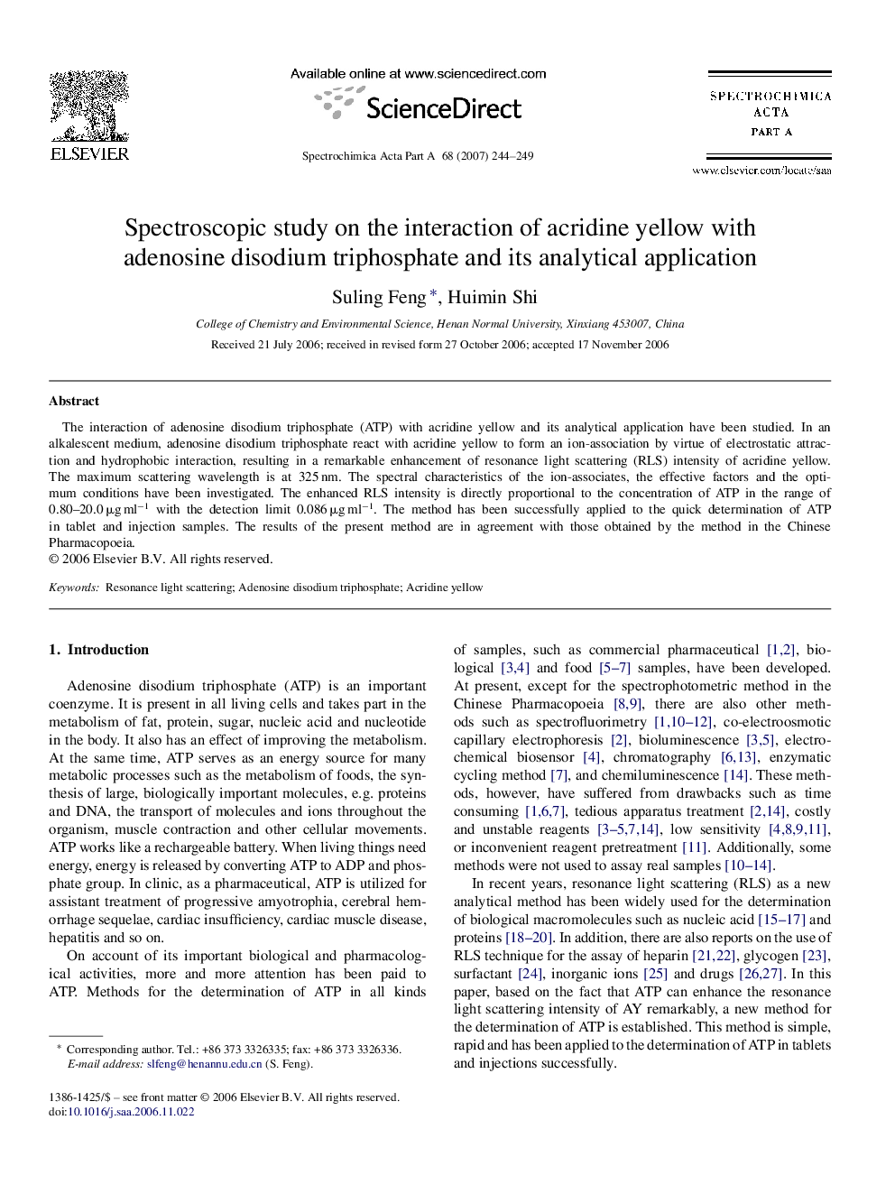 Spectroscopic study on the interaction of acridine yellow with adenosine disodium triphosphate and its analytical application