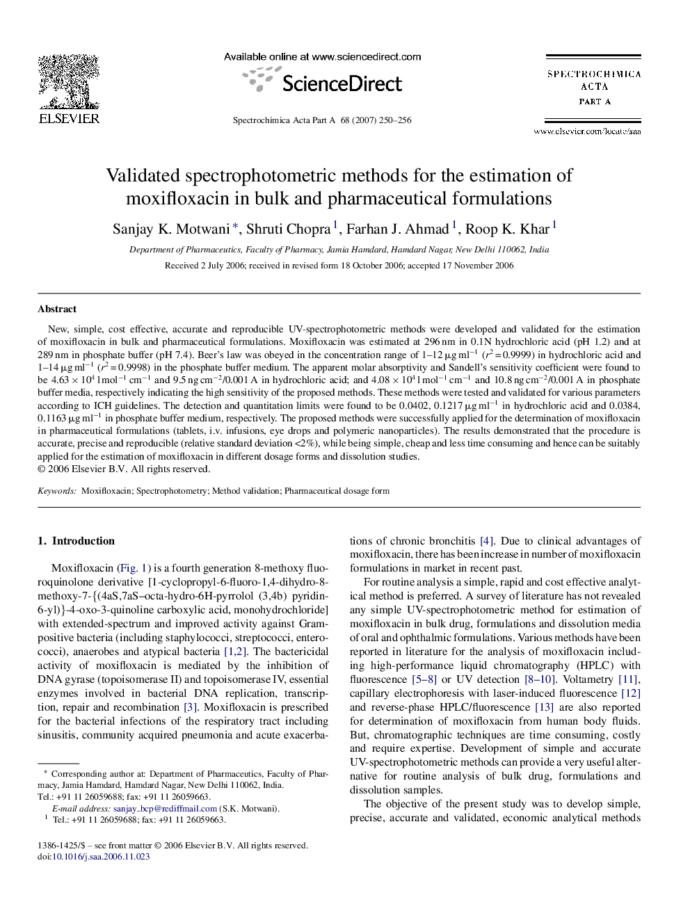 Validated spectrophotometric methods for the estimation of moxifloxacin in bulk and pharmaceutical formulations