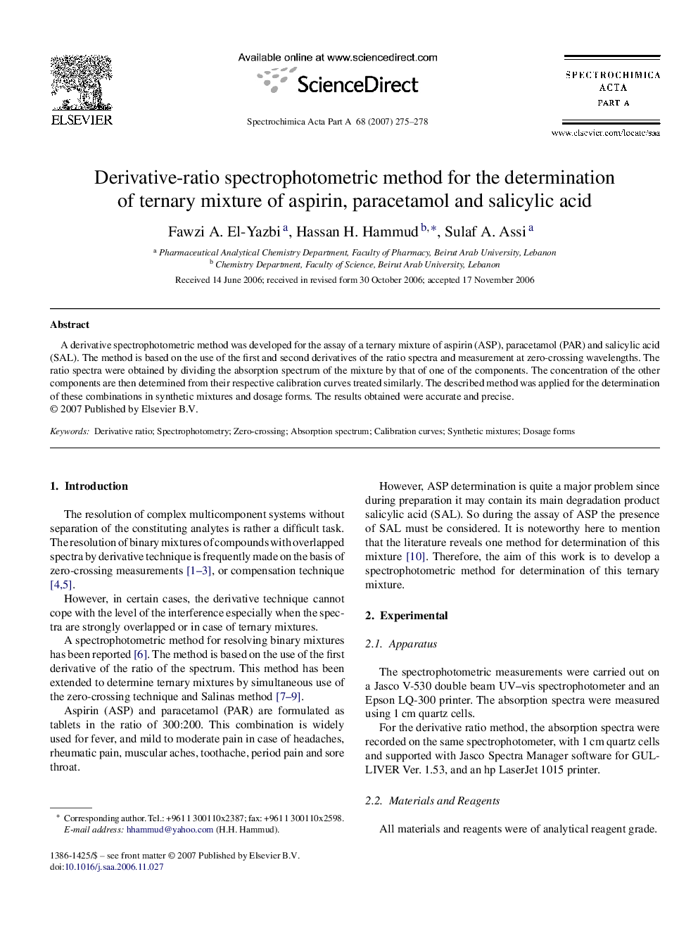 Derivative-ratio spectrophotometric method for the determination of ternary mixture of aspirin, paracetamol and salicylic acid