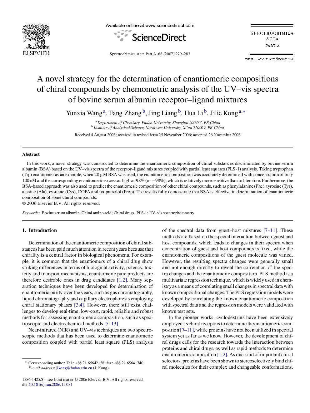 A novel strategy for the determination of enantiomeric compositions of chiral compounds by chemometric analysis of the UV-vis spectra of bovine serum albumin receptor-ligand mixtures