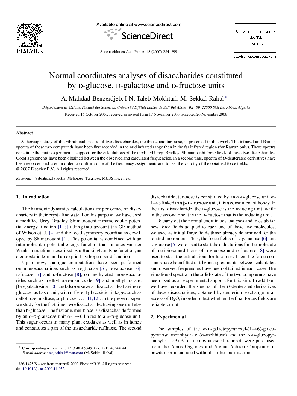 Normal coordinates analyses of disaccharides constituted by d-glucose, d-galactose and d-fructose units