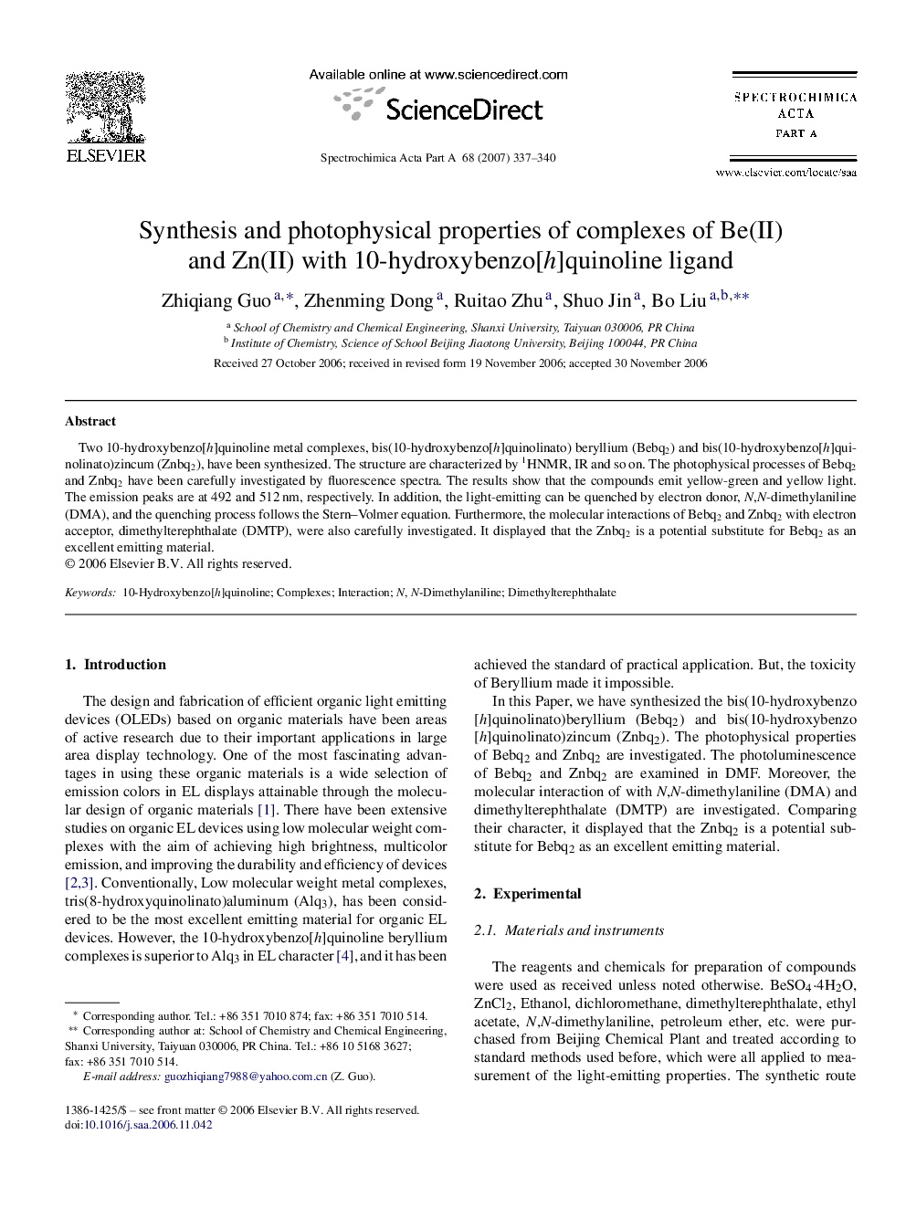 Synthesis and photophysical properties of complexes of Be(II) and Zn(II) with 10-hydroxybenzo[h]quinoline ligand