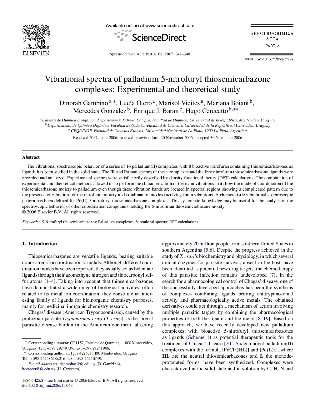 Vibrational spectra of palladium 5-nitrofuryl thiosemicarbazone complexes: Experimental and theoretical study