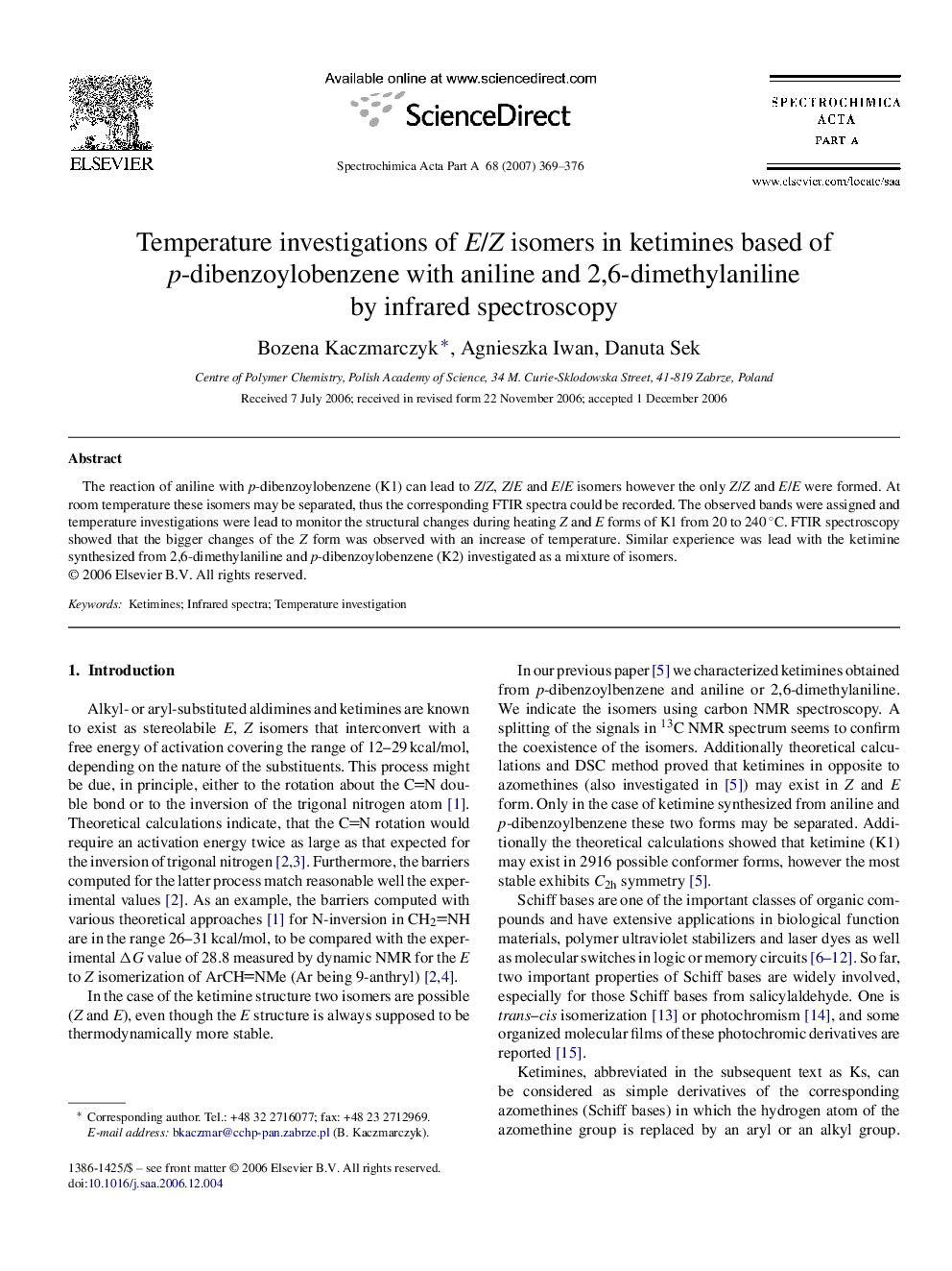 Temperature investigations of E/Z isomers in ketimines based of p-dibenzoylobenzene with aniline and 2,6-dimethylaniline by infrared spectroscopy