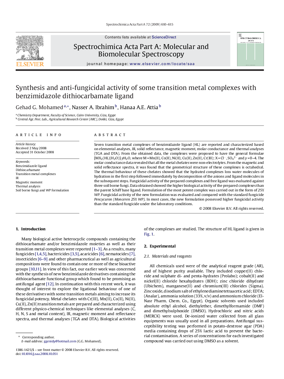 Synthesis and anti-fungicidal activity of some transition metal complexes with benzimidazole dithiocarbamate ligand