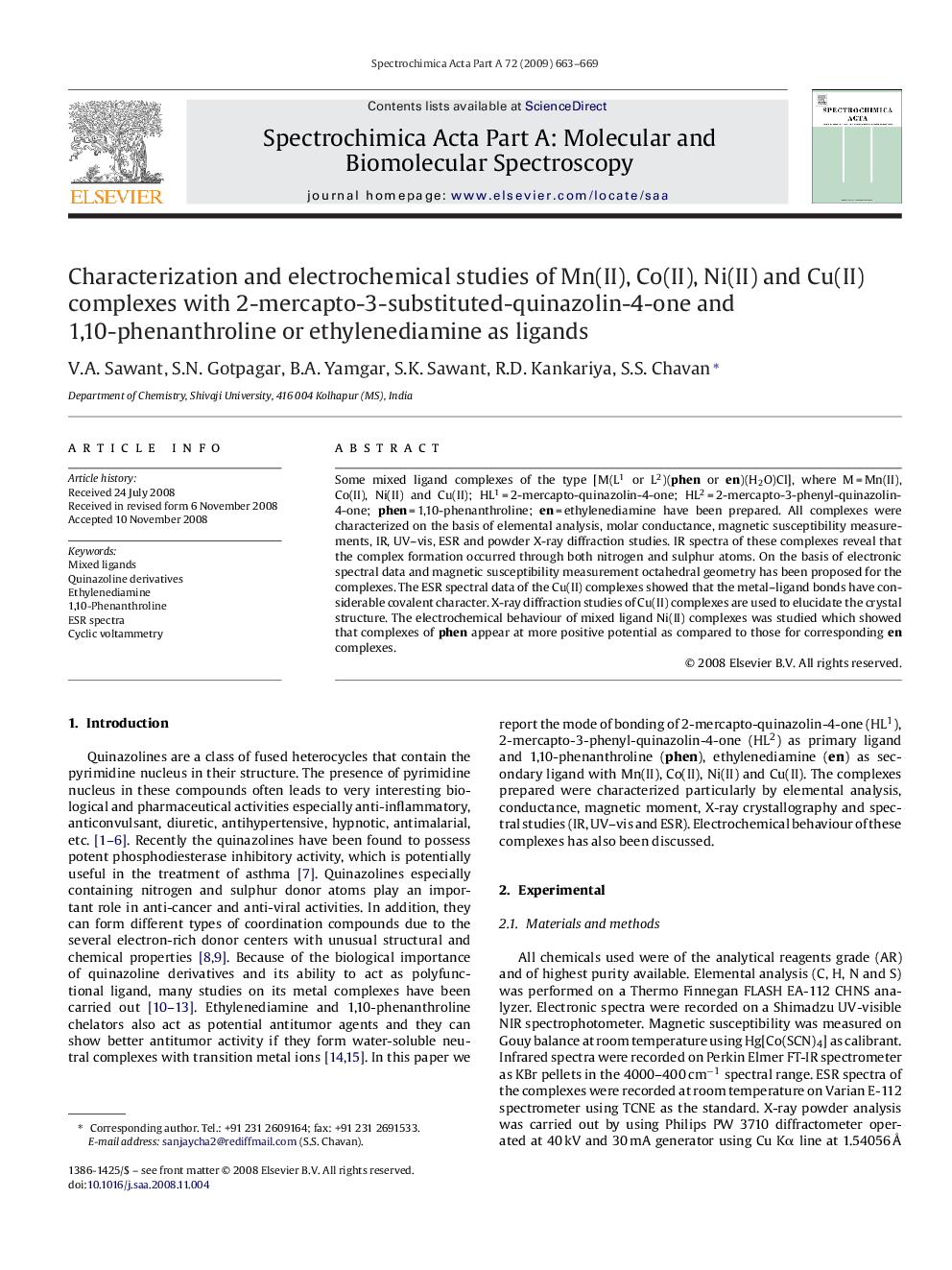 Characterization and electrochemical studies of Mn(II), Co(II), Ni(II) and Cu(II) complexes with 2-mercapto-3-substituted-quinazolin-4-one and 1,10-phenanthroline or ethylenediamine as ligands