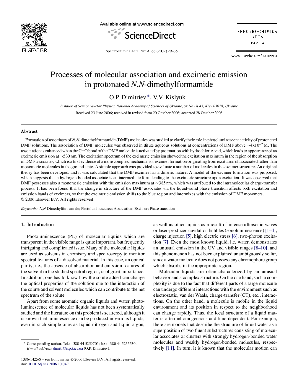 Processes of molecular association and excimeric emission in protonated N,N-dimethylformamide