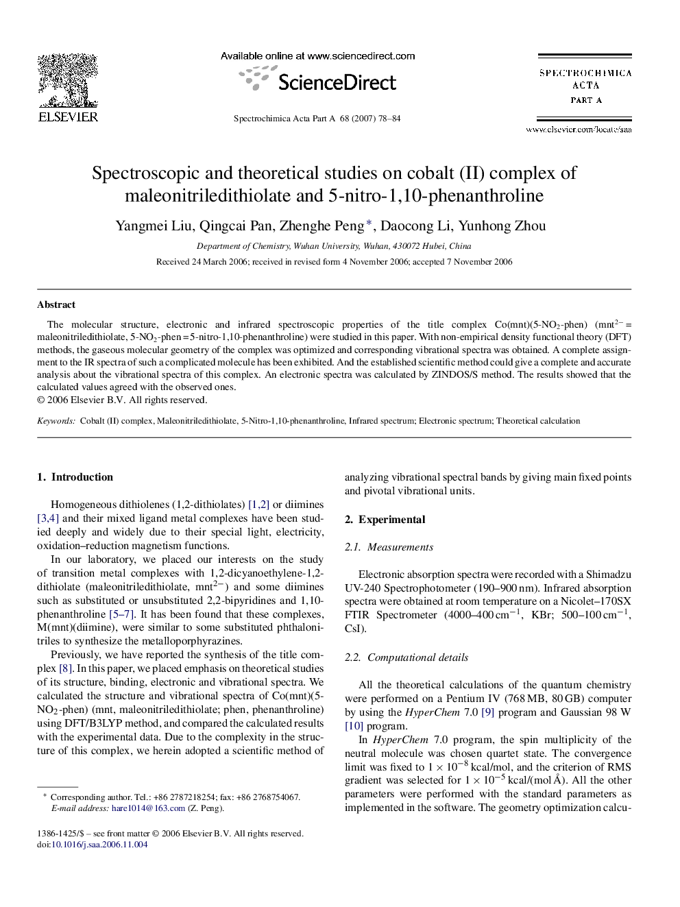 Spectroscopic and theoretical studies on cobalt (II) complex of maleonitriledithiolate and 5-nitro-1,10-phenanthroline