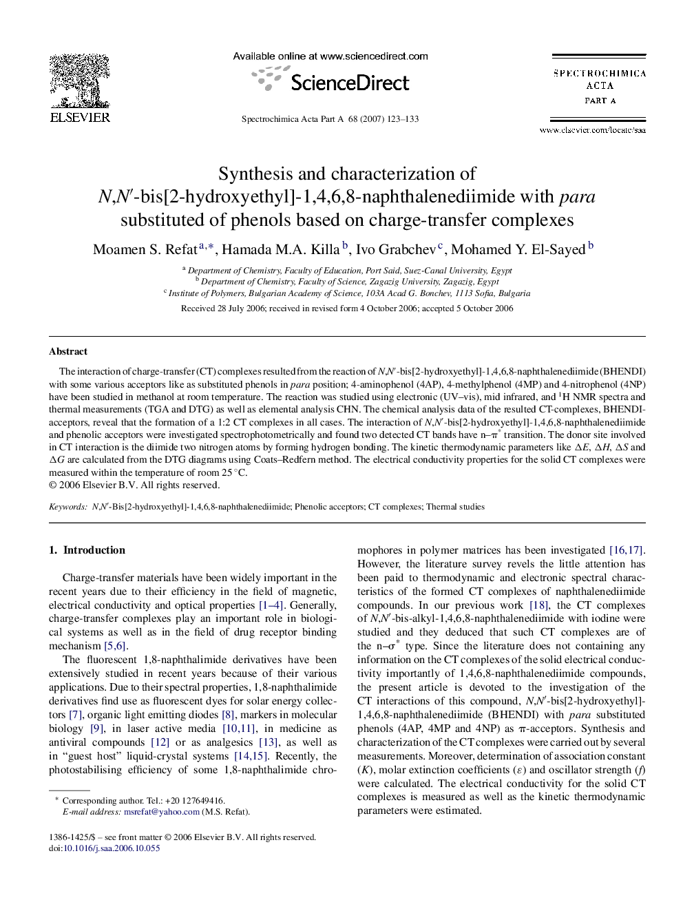 Synthesis and characterization of N,N′-bis[2-hydroxyethyl]-1,4,6,8-naphthalenediimide with para substituted of phenols based on charge-transfer complexes