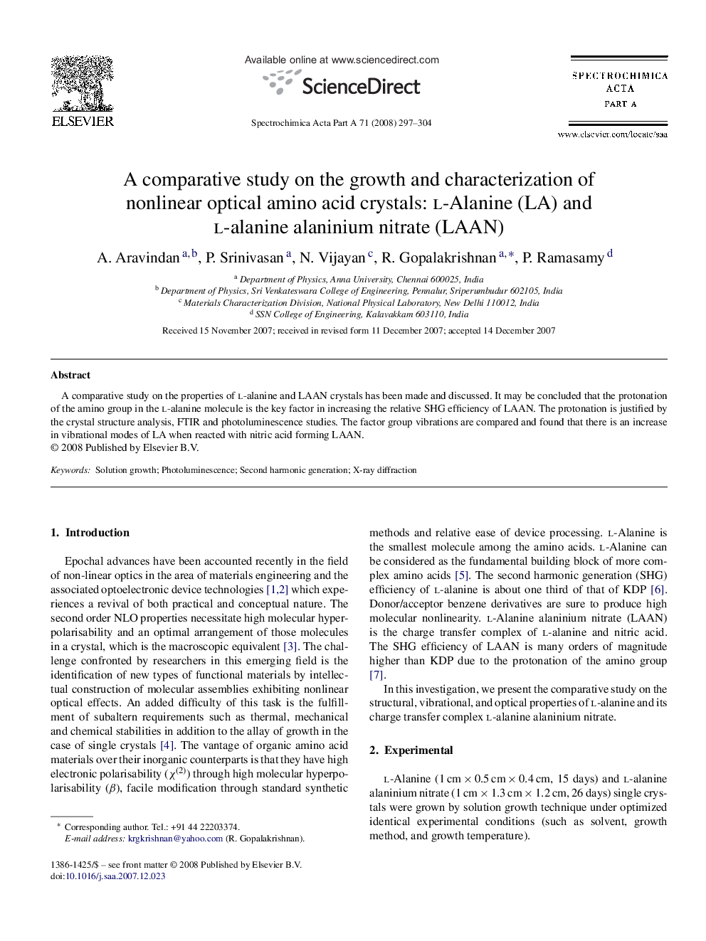 A comparative study on the growth and characterization of nonlinear optical amino acid crystals: l-Alanine (LA) and l-alanine alaninium nitrate (LAAN)