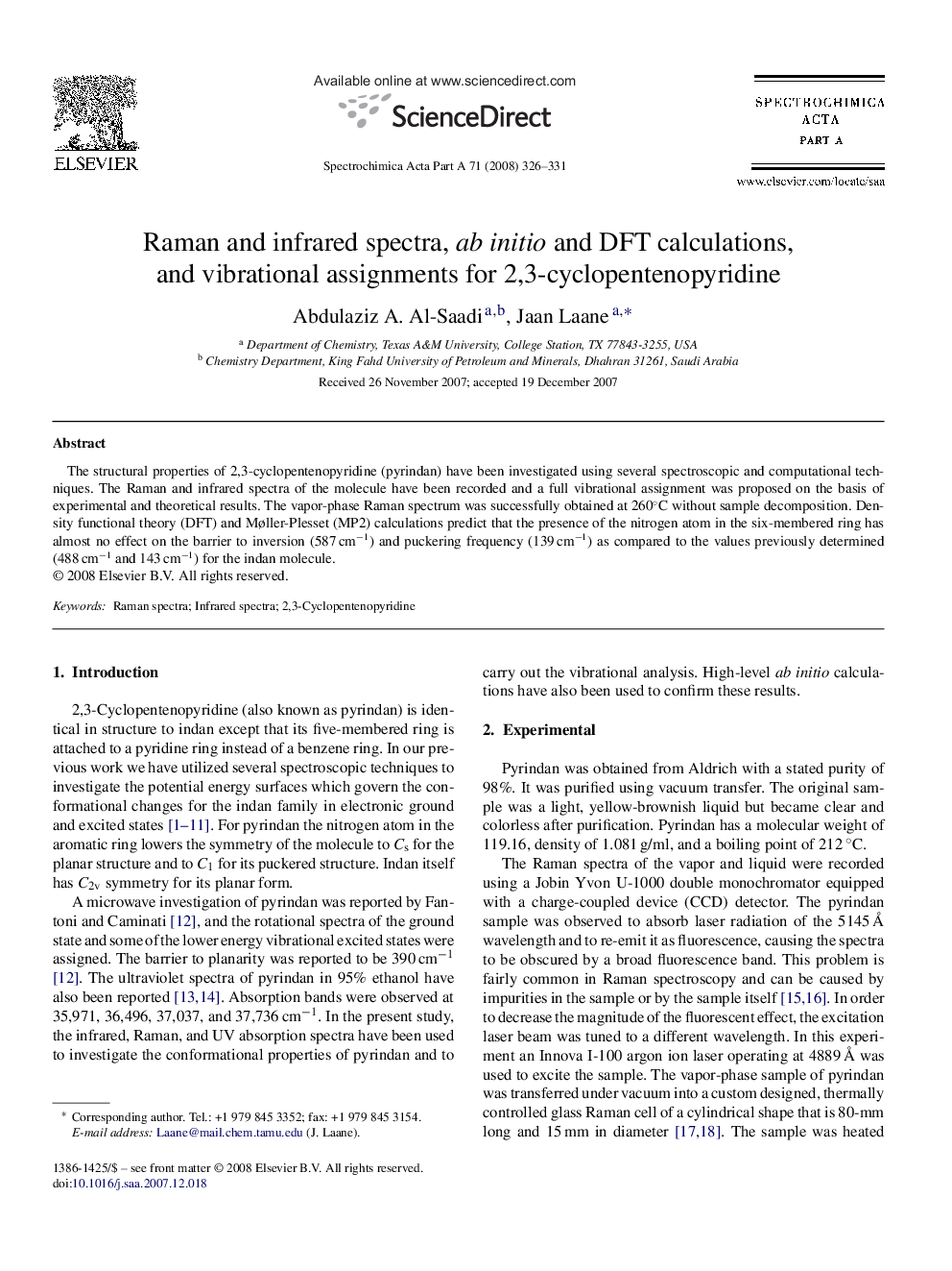 Raman and infrared spectra, ab initio and DFT calculations, and vibrational assignments for 2,3-cyclopentenopyridine