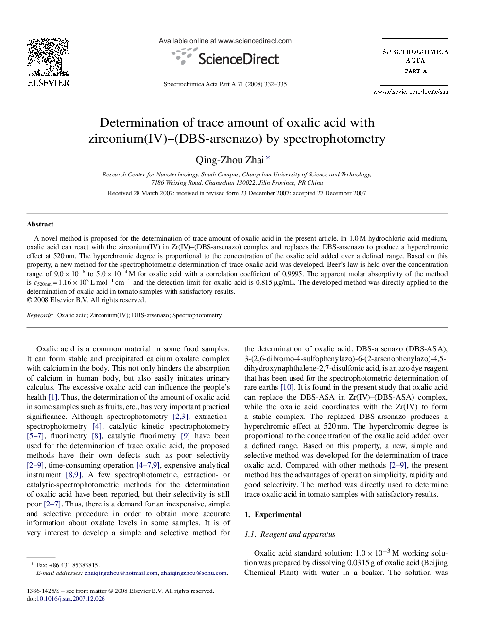 Determination of trace amount of oxalic acid with zirconium(IV)–(DBS-arsenazo) by spectrophotometry