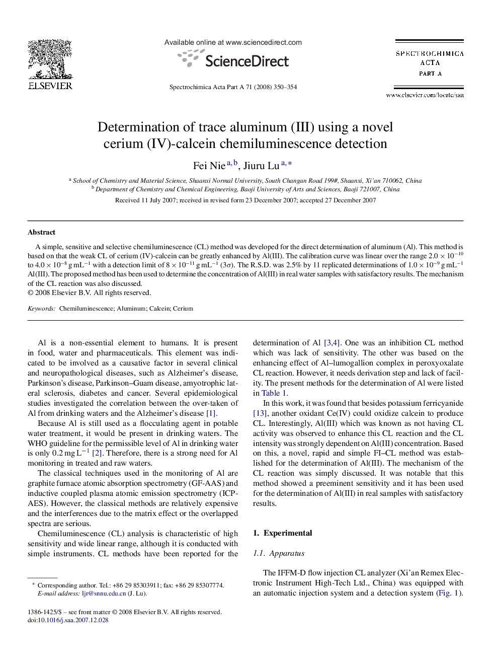 Determination of trace aluminum (III) using a novel cerium (IV)-calcein chemiluminescence detection