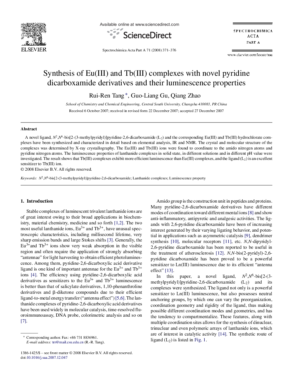 Synthesis of Eu(III) and Tb(III) complexes with novel pyridine dicarboxamide derivatives and their luminescence properties